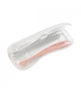 Juego 2 cucharas soft silicona + estuche 1da edad rosa palo/ gris claro