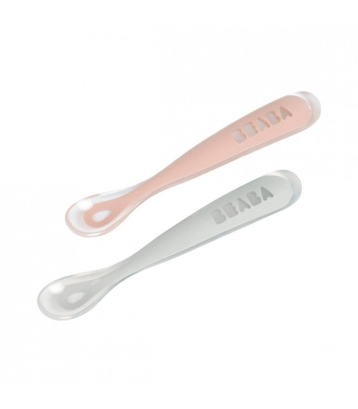 Juego 2 cucharas soft silicona + estuche 1da edad rosa palo/ gris claro