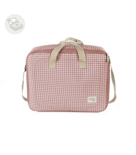 Maleta de maternidad Walking Mum I Love Vichy rosa de frente con asas beige