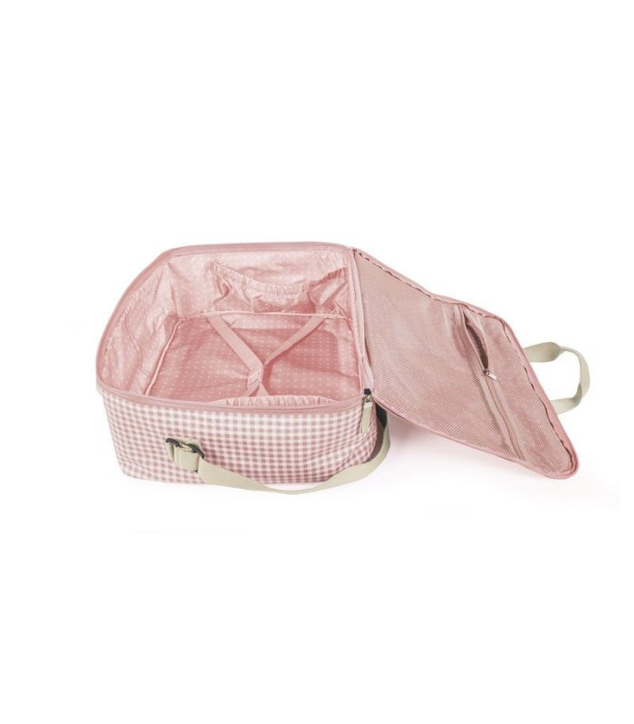 Maleta Walking Mum I Love Vichy rosa abierta con gomas interiores y forro rosa