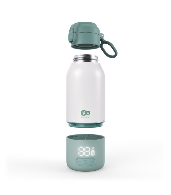 Kinderkraft Gaja verde desmontado: tapa con asa, termo de acero y base calefactora con pantalla
