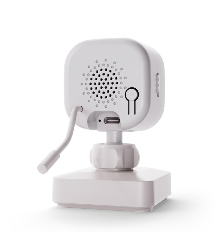 Parte trasera de la cámara del Vigilabebés Kinderkraft Niteeye Travel con altavoz, entrada USB-C y soporte