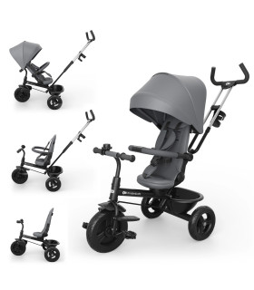 Triciclo Kinderkraft Aston 2 Plus gris en sus etapas: de silla de paseo empujada por los padres a triciclo de pedales