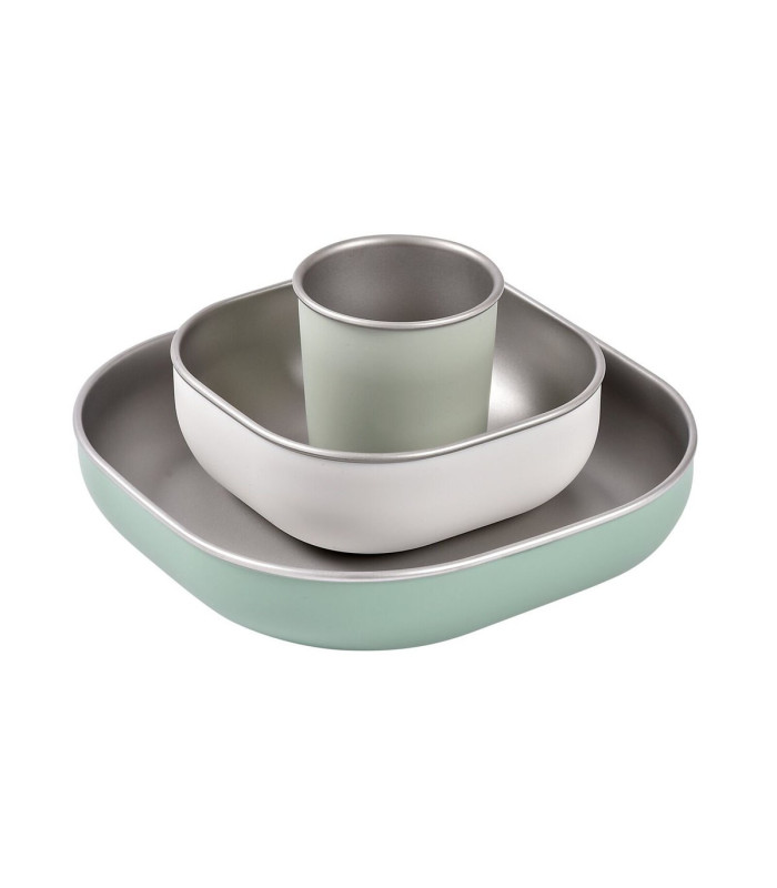 Set de vajilla inox Béaba verde salvia apilado: plato, bol y vaso con funda de silicona