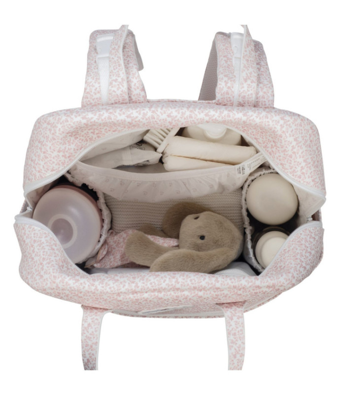 Mochila maternidad Maison Tender estampado Flores abierta con todo organizado dentro