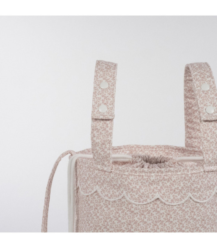 Bolso bucket para carrito Maison Tender estampado Flores detalle del cierre de cordón y las asas