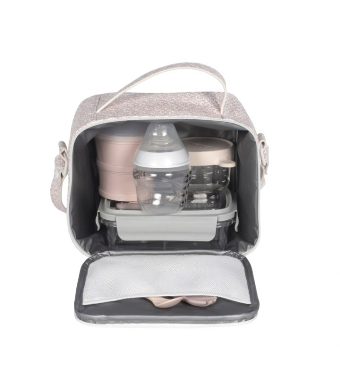 Bolsa térmica para bebé Maison Tender estampado Flores abierta con biberón y táper dentro
