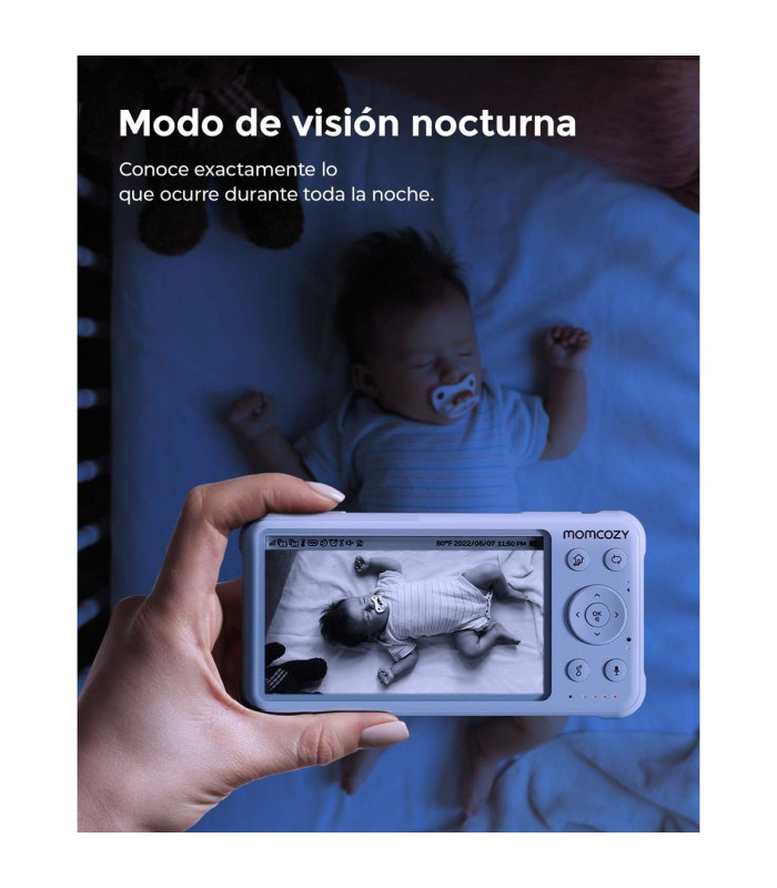 Visión nocturna del Momcozy BM01: bebé dormido visto en el monitor