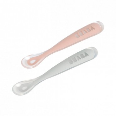 Juego 2 cucharas soft silicona + estuche 1da edad rosa palo/ gris claro