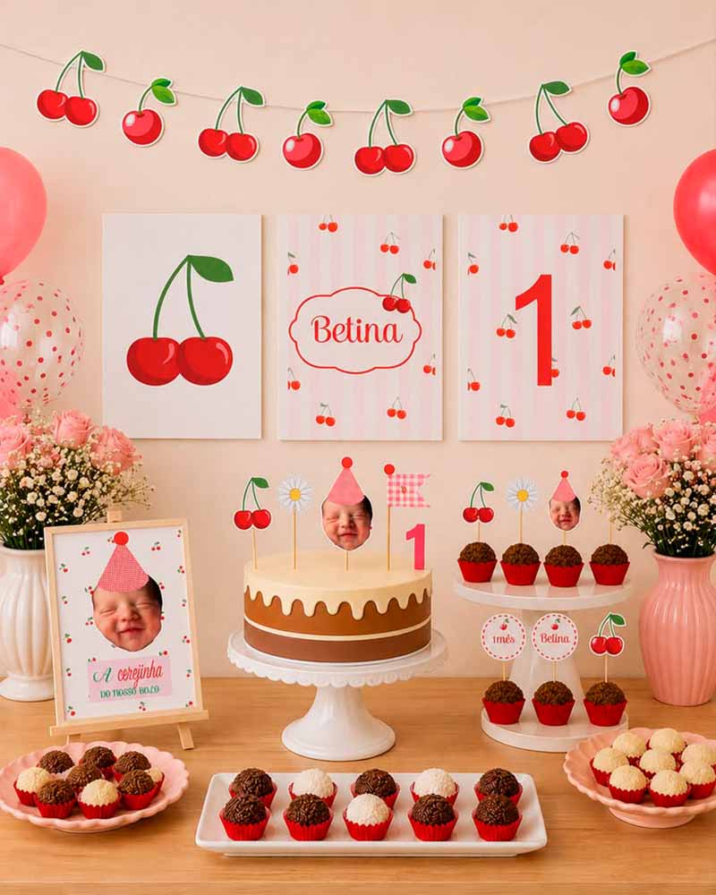 Decoración de cumpleaños con temática de cerezas