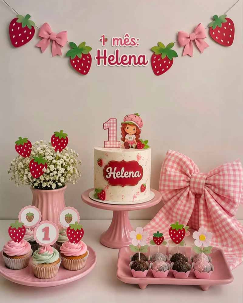 Decoración de cumpleaños con temática de Tarta de Fresa
