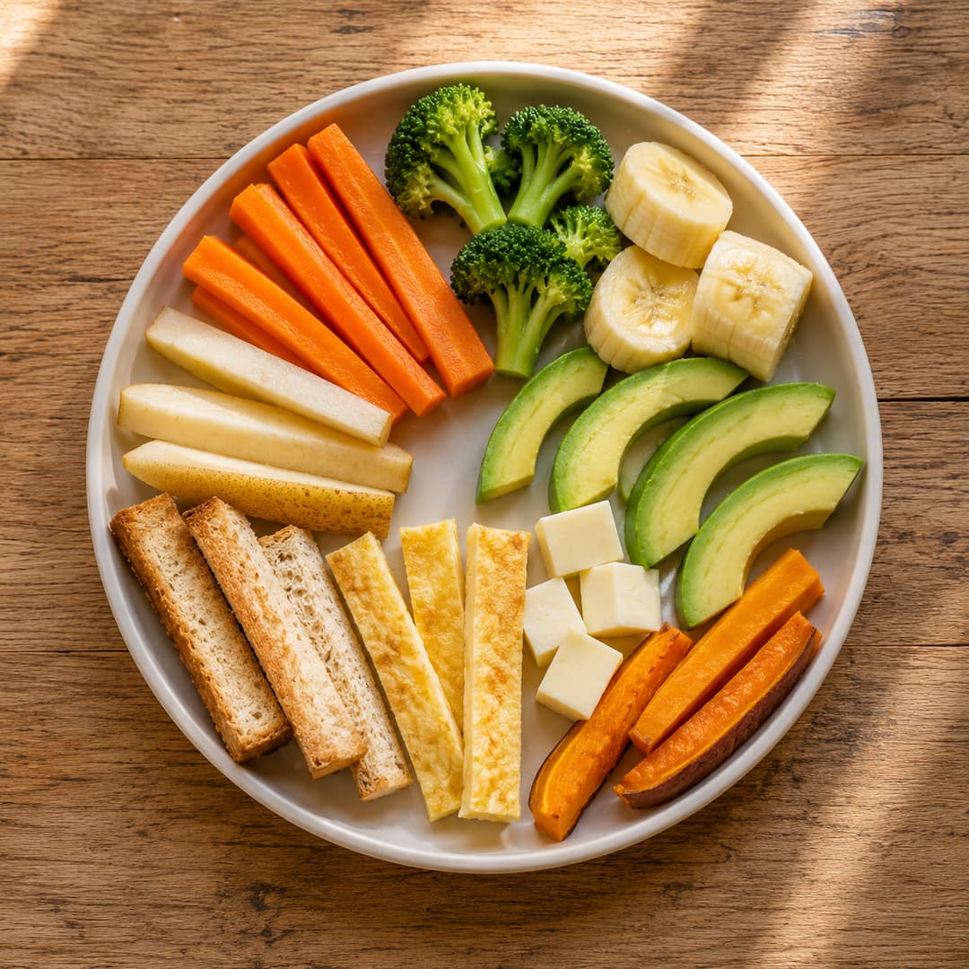 Variedad de alimentos en formato bastón para Baby-Led Weaning sobre bandeja de silicona