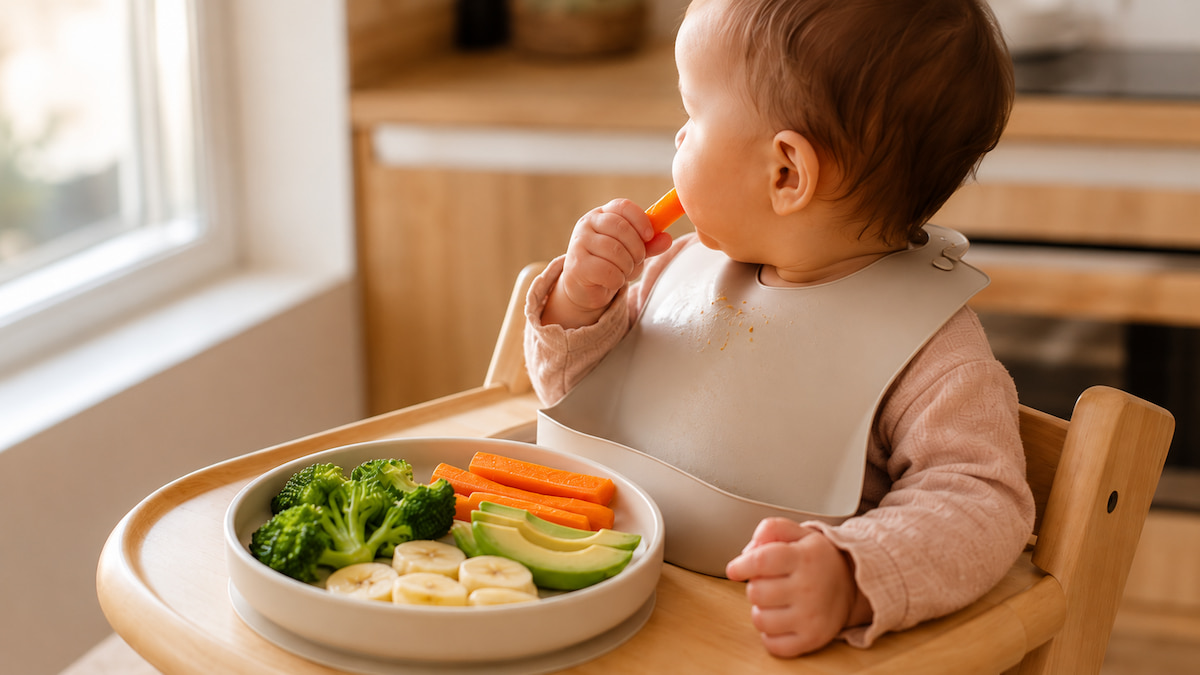 Bebé comiendo con método Baby-Led Weaning en trona de madera con vajilla de silicona