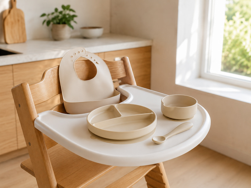 Trona de madera con vajilla de silicona montada para Baby-Led Weaning